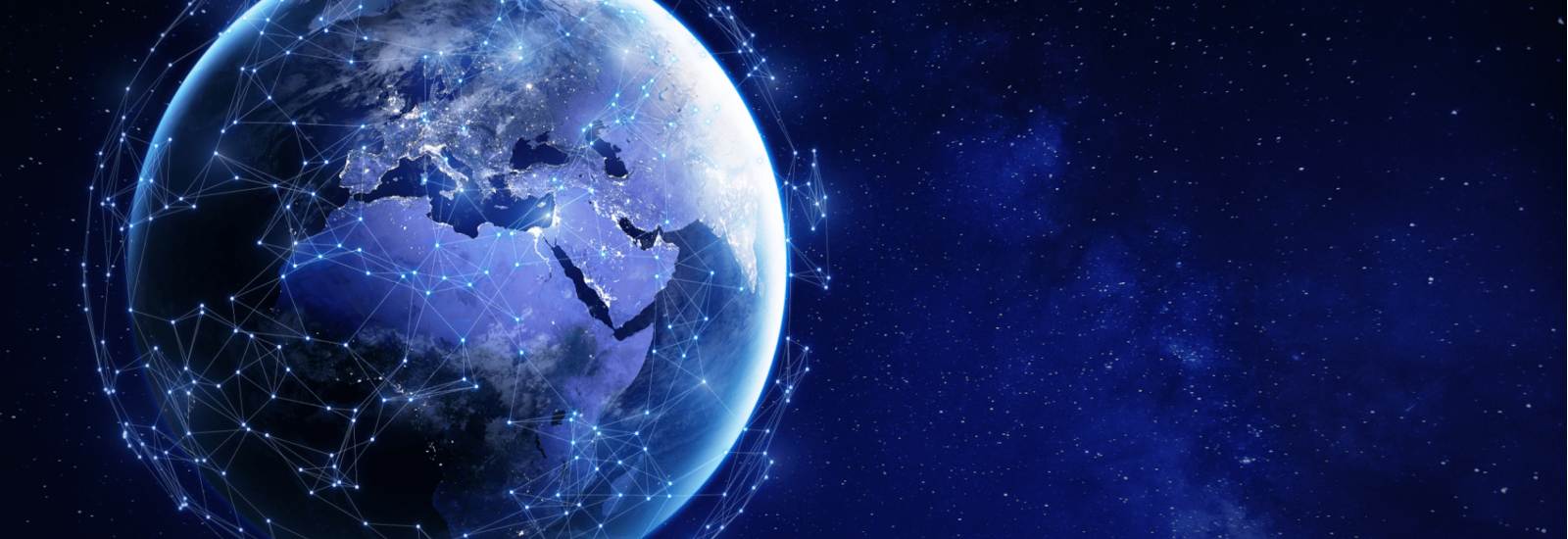 View of the Earth from Space, image is digitized and shows nodes of global interconnectivity  