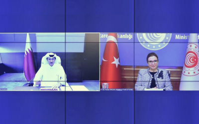 the Minister of State and Minister of Trade of the Republic of Turkey during a video call Chairman of Qatar Free Zones Authority and