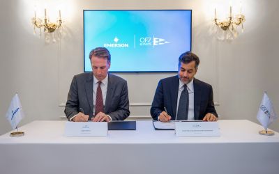 QFZ CEO Sheikh Mohammed Bin Hamad Bin Faisal Al-Thani and Emerson Group President, Global Sales Judson Duncan at the MoU signing
