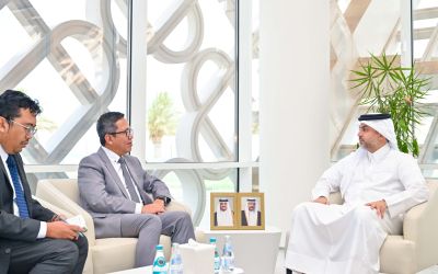 QFZ CEO Sheikh Mohammed bin Hamad bin Faisal Al Thani meets with the Ambassador of Indonesia during an official discussion at Qatar Free Zones Authority headquarters in Doha.