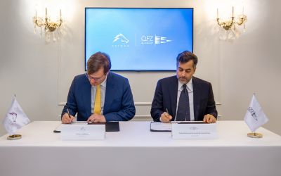 QFZ CEO Sheikh Mohammed Bin Hamad Bin Faisal Al-Thani and Gordon Huddleston of Aethon International signing a strategic MoU in New York.
