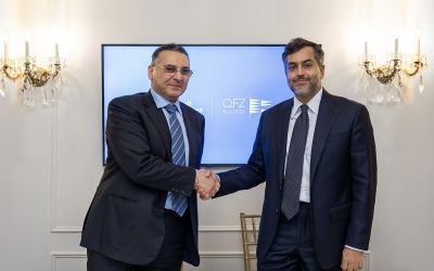 QFZ CEO Sheikh Mohammed Bin Hamad Bin Faisal Al-Thani and Matt Spalding of Honeywell Technologies following the signing of a strategic MoU in New York.