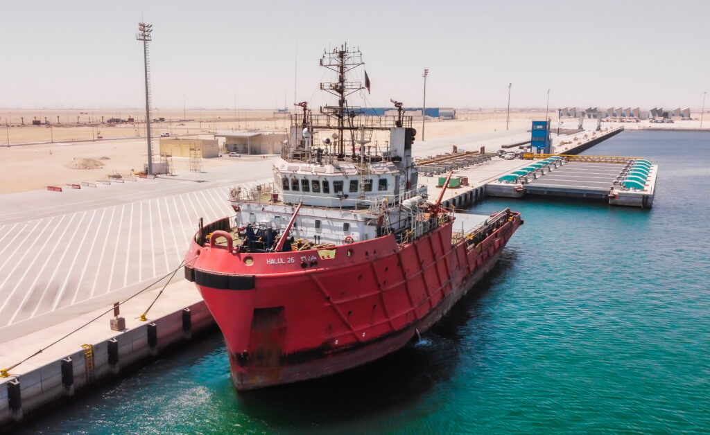 The first ship to be lifted via the Syncrolift at MARSA port, Umm Alhoul Free Zone