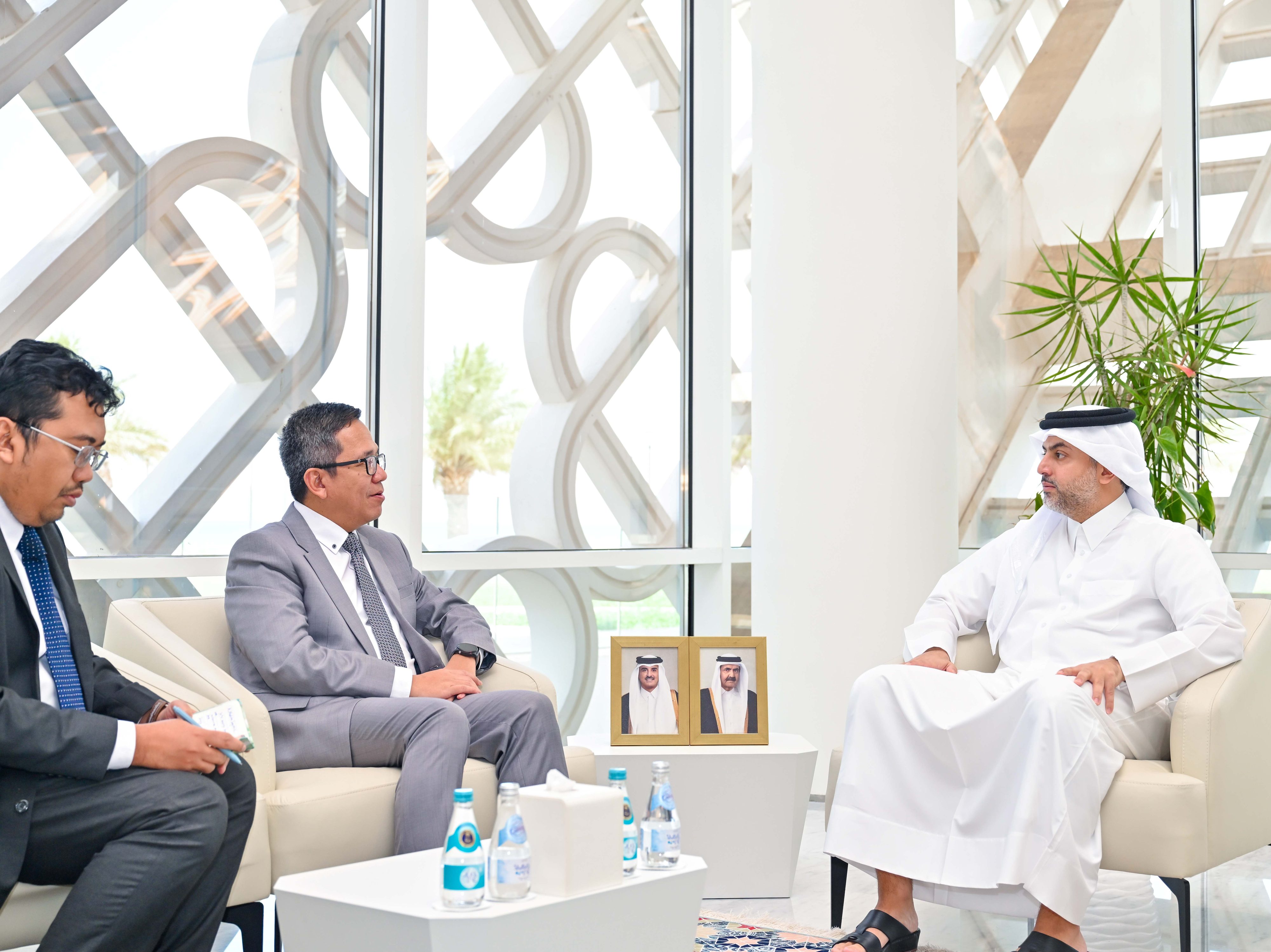 QFZ CEO Sheikh Mohammed bin Hamad bin Faisal Al Thani meets with the Ambassador of Indonesia during an official discussion at Qatar Free Zones Authority headquarters in Doha.