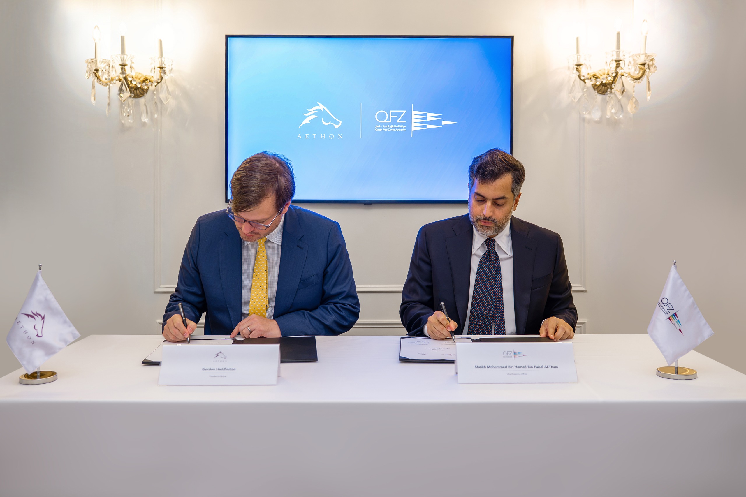 QFZ CEO Sheikh Mohammed Bin Hamad Bin Faisal Al-Thani and Gordon Huddleston of Aethon International signing a strategic MoU in New York.