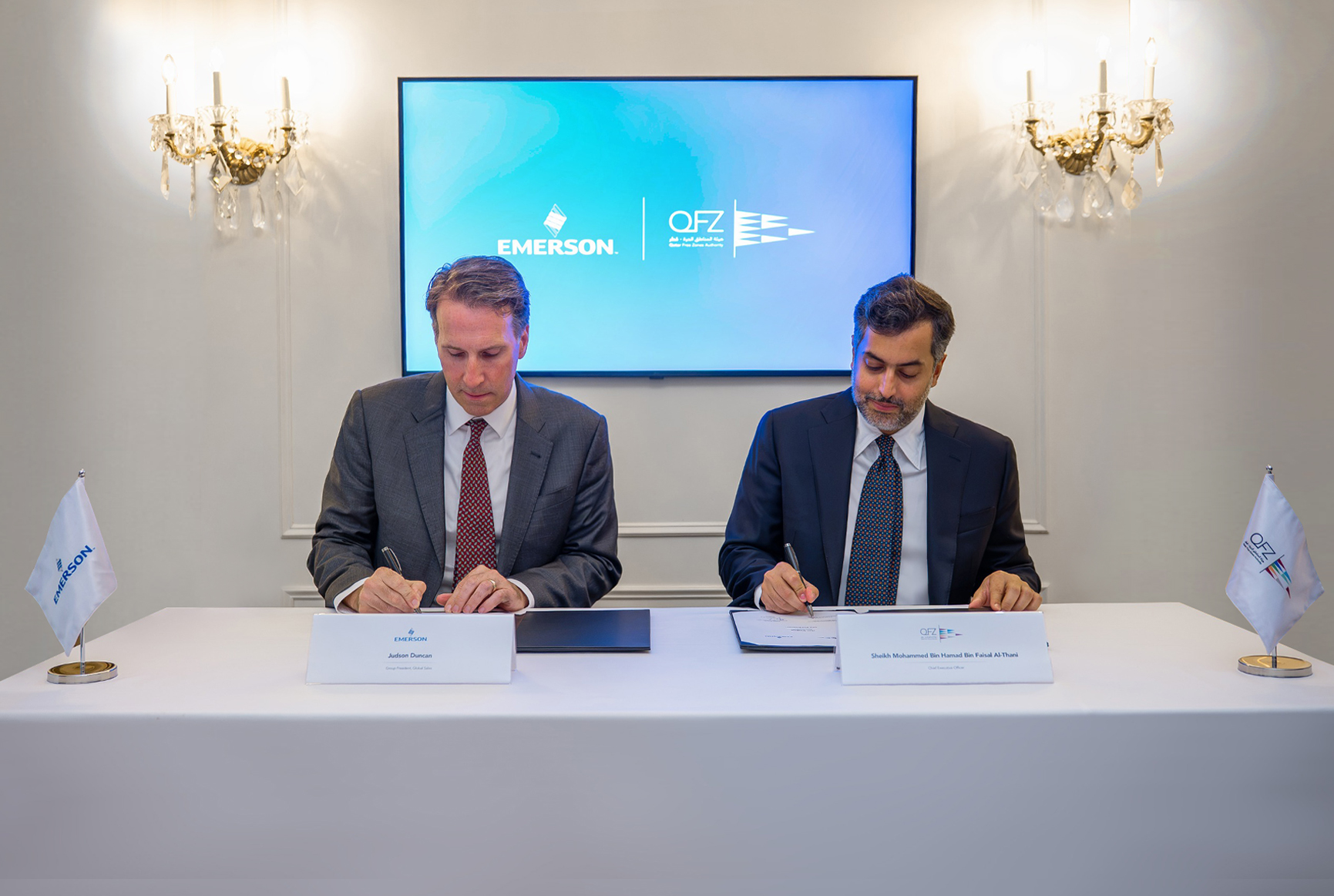 QFZ CEO Sheikh Mohammed Bin Hamad Bin Faisal Al-Thani and Emerson Group President, Global Sales Judson Duncan at the MoU signing