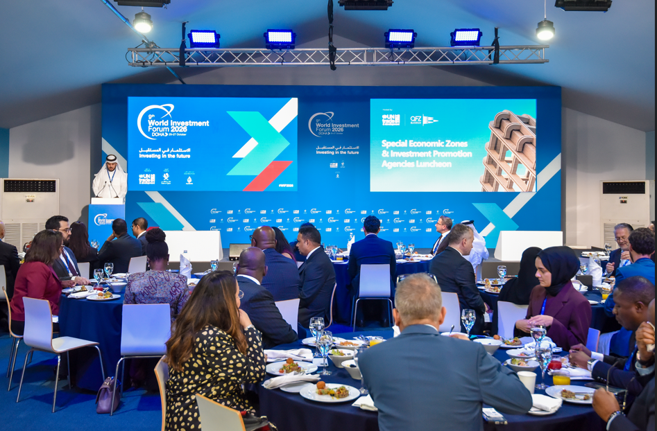 Delegates attending the QFZ-hosted Special Economic Zones and Investment Promotion Agencies Luncheon during World Investment Forum 2026 in Doha.