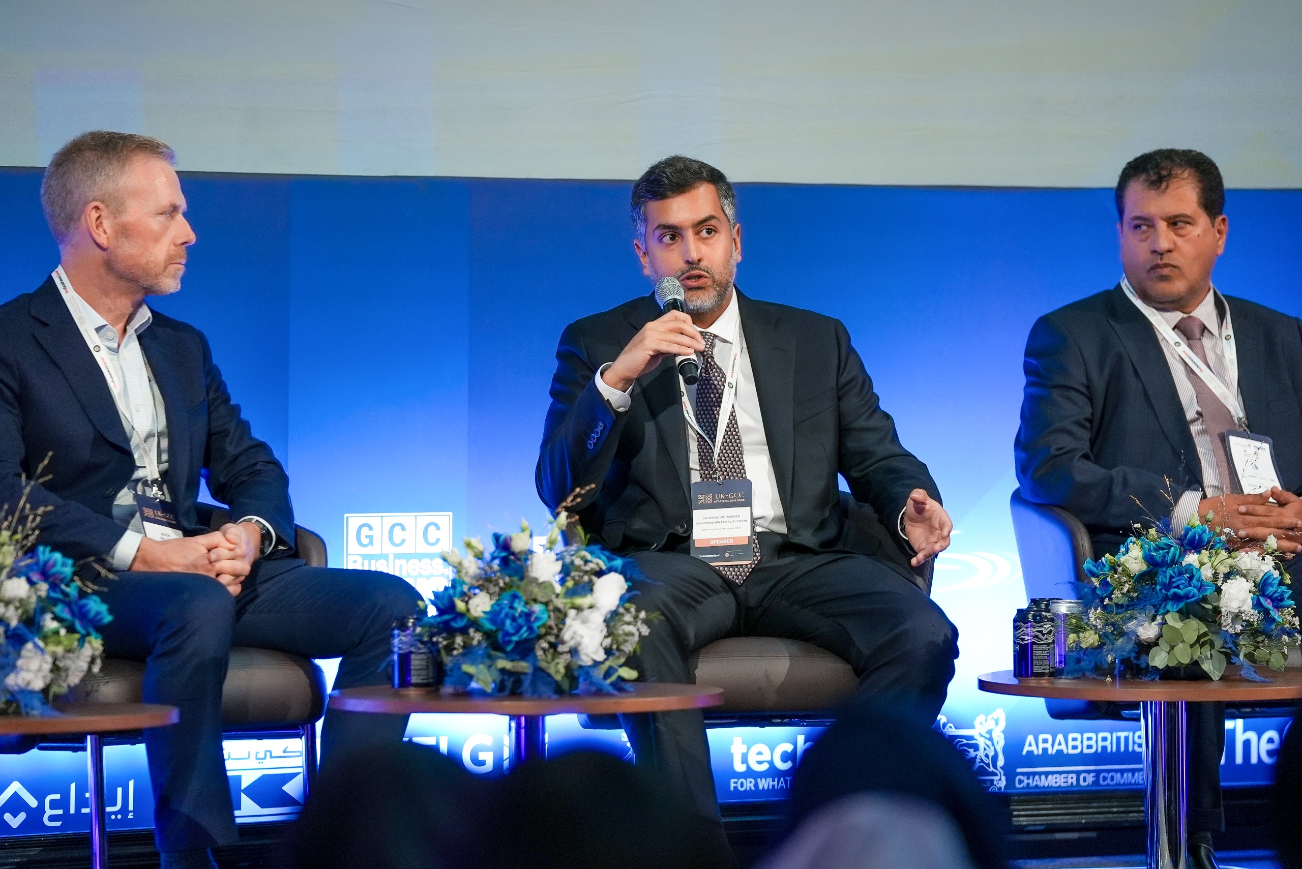 H.E. Sheikh Mohammed Bin Hamad Bin Faisal Al-Thani, CEO of QFZ, speaking during a panel discussion at the UK-GCC Strategic Dialogue in London.